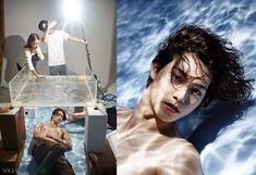 an image of a man in the water with his shirt off and another photo of him