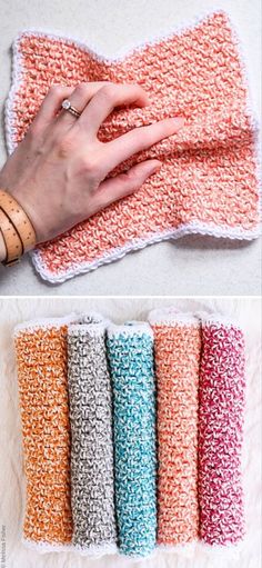 four different colors of crocheted rugs with one hand on top and the other in