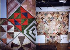 three different quilts are hanging on the wall