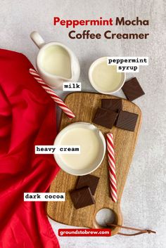 ingredients for peppermint mocha coffee creamer on a cutting board with milk and chocolate