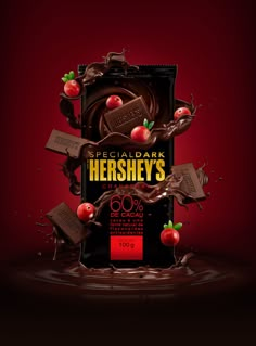 an advertisement for hershey's chocolate bar with cherries falling out of it