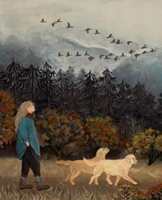 a painting of a woman walking her dog in the woods with birds flying overhead above