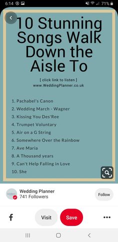 the wedding planner app on an iphone, with text that reads 10 stunning songs walk down the aisle to