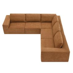 a brown sectional couch sitting on top of a white floor