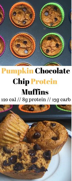 pumpkin chocolate chip protein muffins on a plate