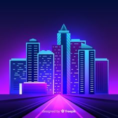 an abstract cityscape with buildings and neon lights in the night, on a purple background