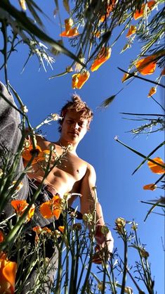 a shirtless man standing in tall grass with orange flowers