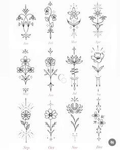 the different types of flowers are shown in black and white on a sheet of paper