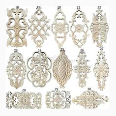 an assortment of carved wood designs