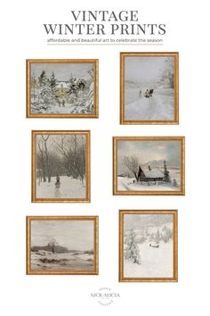 the front cover of an old fashioned book with pictures of snow covered trees and houses