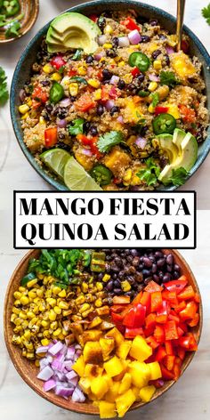 two bowls filled with different types of food and the words mango fiesta quinoa salad