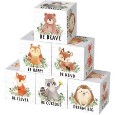 four boxes with different animals on them and the words be brave, be happy, be curious