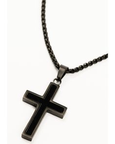 Black box chain. Lobster clasp closure. Matte black cross pendant with glossy black cross inlay. 1.25" pendant length. Imported. Mens Cross Necklace, Mens Crosses, Black Cross, Wood Bridge, Black Box, Boots For Sale, Box Chain, Boot Shop, Cross Pendant