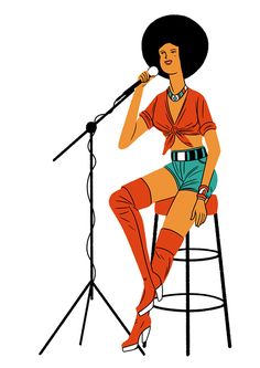 a woman sitting on top of a stool next to a microphone