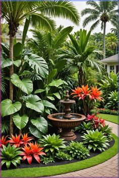 an outdoor fountain surrounded by tropical plants and flowers