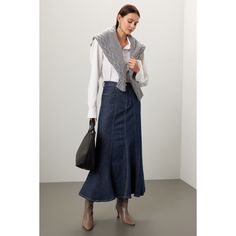 Blue denim (1% Elastane, 99% Cotton). Denim. Front zipper fly with button closure. 38" from waist to hemline. 10" rise. Imported. Rent The Runway, Closet Designs, Denim Midi Skirt, Joes Jeans, Tall Boots, Front Zipper, Blue Denim, Midi Skirt, Zipper