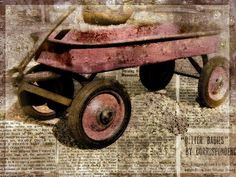 an old red wheelbarrow sitting on top of a newspaper page with the word news written below it