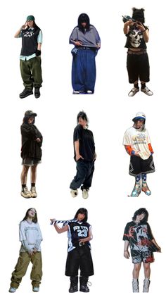 many different pictures of people with hoods and skateboards in various poses, including one man