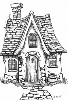 a drawing of a small house with a door and windows