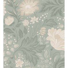 a floral wallpaper with white flowers and green leaves on a gray background in pastel shades