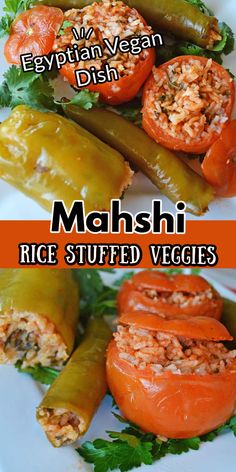 Tomatoes and long peppers hollowed out and stuffed with a rice mix. With Pinterest overlay. Egyptian Stuffed Vegetables, Egyptian Mahshi Recipe, Egyptian Mahshy, Mahshi Egyptian, Egyptian Meals, Mahshi Recipe, Food Egyptian