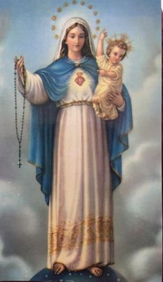 an image of the virgin mary holding a baby jesus on top of a cloud filled sky