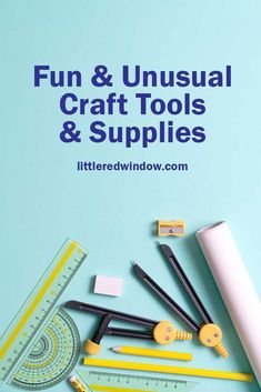 an image of craft tools and supplies on a blue background