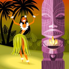 a woman in a hula skirt standing next to a tiki statue and fire pit