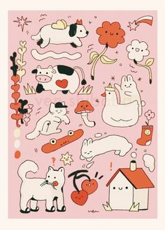 a pink poster with dogs and cats on it