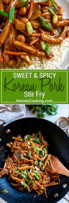 sweet and spicy korean pork stir fry in a skillet with rice on the side