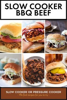 Pinterest image collage showing six different Slow Cooker BBQ Beef recipes ready to serve. Slow Cooker Bbq Beef, Bbq Beef Sandwiches, Slow Cooker Bbq, Bbq Beef, Pot Luck, Beef Sandwich, Just Eat, Best Slow Cooker