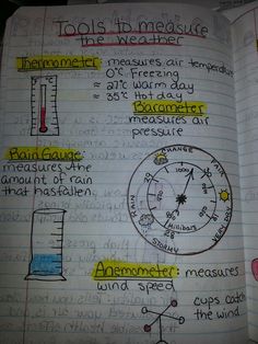 an open notebook with writing on it and diagrams about the different parts of a weather gauge