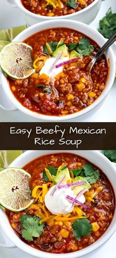 two bowls filled with taco soup and topped with sour cream, cilantro, tortilla chips