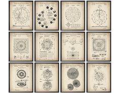 nine framed drawings of different types of objects