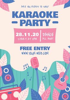 karaoke party flyer with music instruments and leaves on the ground, in pink and blue colors