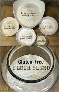 the ingredients for gluten - free flour are shown in bowls