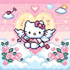 the hello kitty is sitting on top of clouds with roses in front of her face