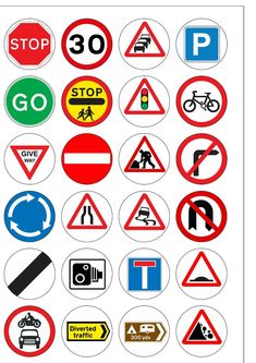 various traffic signs are shown in red, white and blue