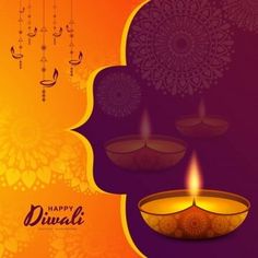 happy diwali greeting card with lit candles on purple and orange floral design background