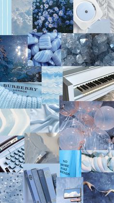 a collage of blue and white images