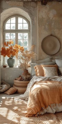 a bed sitting under a window next to a vase filled with orange flowers on top of a table