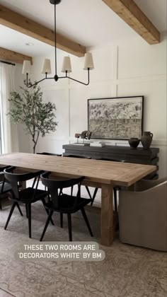 a dining room table and chairs in front of a window with the words, these two rooms are decorators white by bm