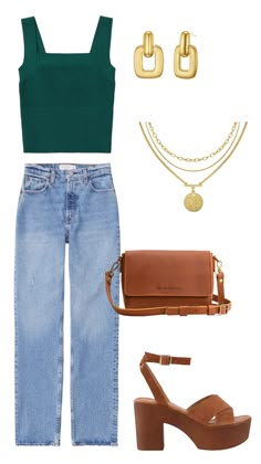 Cognac Sandals Outfit Summer, Emerald Green Jeans Outfit, Philadelphia Outfit Spring, Emerald Green Casual Dress, Brown Purse Outfit Summer, Moms Night Out Outfit Ideas, Brown Heels Outfit Summer, Green Sandals Outfit Casual, Dark Green Summer Outfit