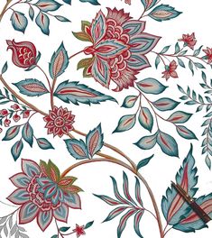 a drawing of flowers and leaves on a white background with red, blue, and green colors