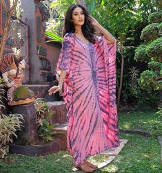 "Boho Kaftan Dress Asym Dress Kaftan Maxi Dress V NeckLine Resort Wear delicate rayon. USUALLY FITS S M L XL 1X 2X POSSIBLY LARGER. * MEASUREMENTS : Bust: 68'', Hip: 68\", Length : 50'', Armhole: 22'' PLS CHECK SPECS TO BE SURE IT WORKS FOR YOU. * FABRIC: RAYON TIE DYE * MADE IN: BALI, INDONESIA" Pink V-neck Boho Dress For Beach Cover-up, Pink Bohemian V-neck Kimono, Flowy Pink Boho Dress For Beach Cover-up, Hippie V-neck Free Size Kaftan, Pink Bohemian V-neck Beach Dress, V-neck Spring Dresses For Home, Pink V-neck Bohemian Beach Dress, Pink Bohemian Maxi Kimono, Pink Casual Free Size Maxi Dress