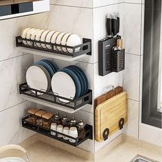 a kitchen shelf filled with dishes and utensils