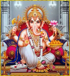 the god ganesha is sitting on a couch with his hands in his mouth