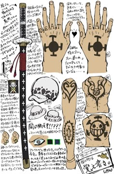 an assortment of tattoos and other items on paper with japanese characters written in the background