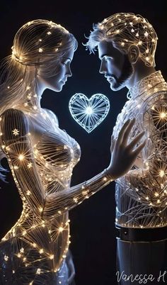 two people standing next to each other in front of a heart shaped object with lights on it