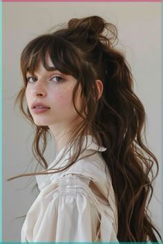 Long Hair Reference Photo, Long Shag With Curtain Bangs Thick Hair, Fringe Ideas For Long Hair, Long Hair And Fringe, Fluffy Bangs Long Hair, Long Hair Bangs Hairstyles, Shaggy Bangs Long Hair, Wavy Hair Fringe, Bangs For Wavy Hair